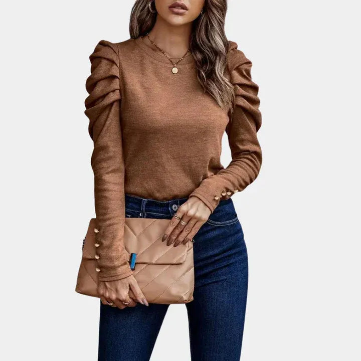Women’s Puff-Sleeve Sweater – Slim-Fit Crew-Neck Knit Top with Gathered Shoulders for Smart Casual Wear