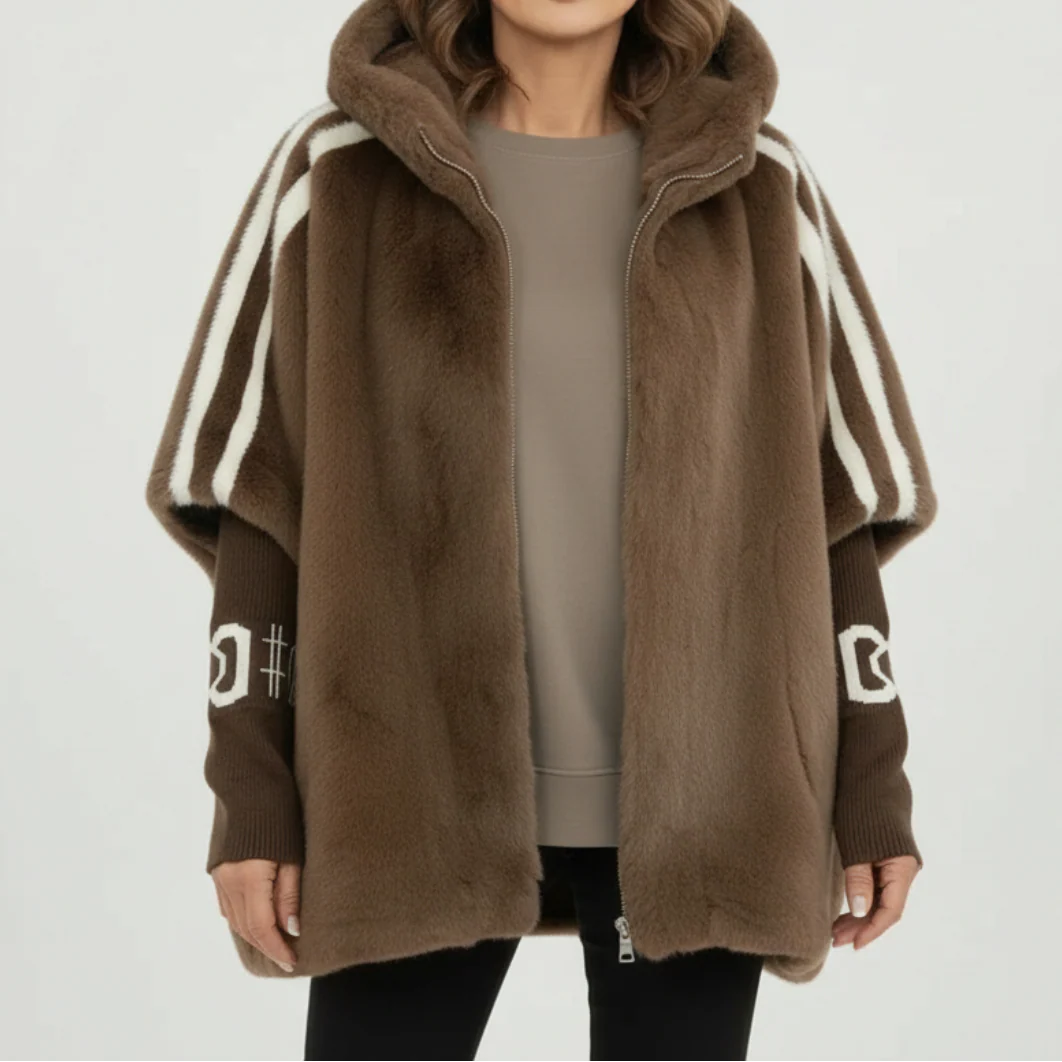 Oversized vinterjakke i blød kunstpels til kvinder med kontrasterende strikærmer og høj krave – hyggelig teddyfrakke med lang pasform, lynlåslukning og afslappet pasform til afslappet streetwear og lag-på-lag i efteråret og vinteren