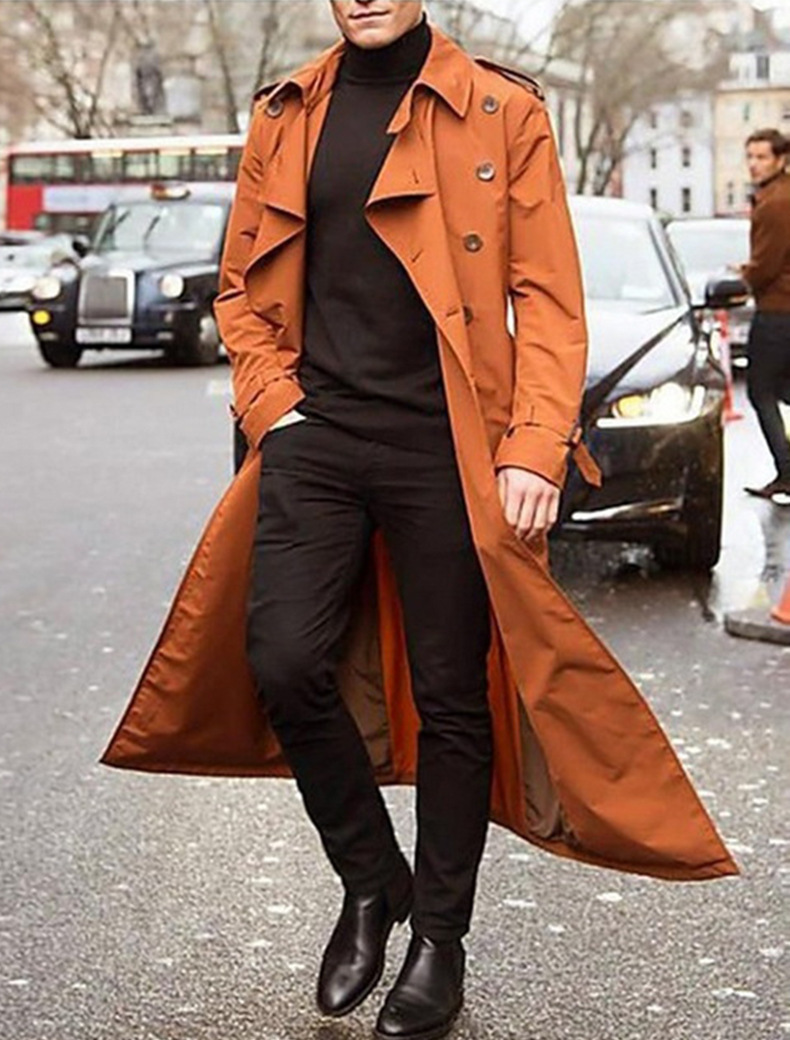 Trench-coat long à double boutonnage pour homme – Superposition ajustée spectaculaire avec pattes d’épaule et sangles aux poignets