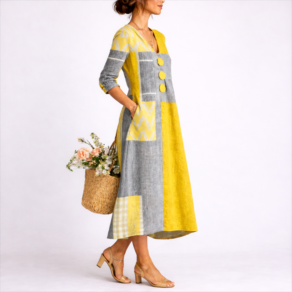 Kvinders patchwork midi-kjole med knapdetalje og afslappet pasform