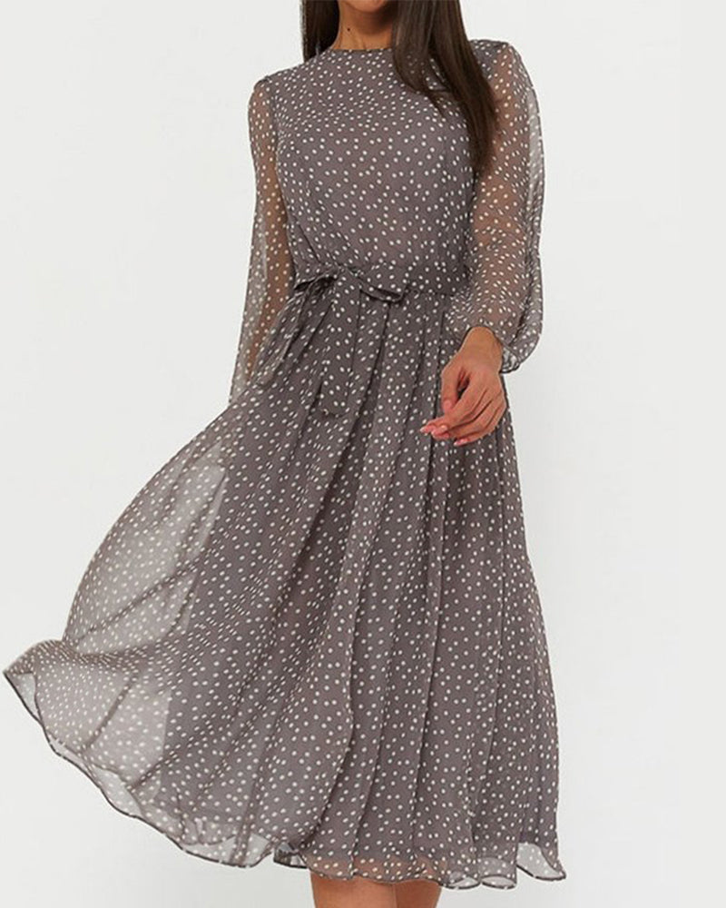 Abito donna largo a pois, lunghezza al ginocchio, linea a trapezio, maniche lunghe, elegante e casual per tutti i giorni