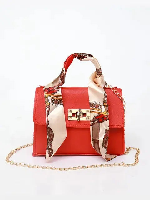 Women’s Structured Chain Handbag Printed Scarf Handle Shoulder Bag