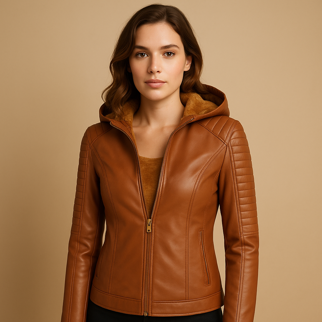Women’s Hooded Leather-Look Jacket with Detachable Hood and Zip Front – Regular Fit Short Layer for Spring and Autumn Outfits