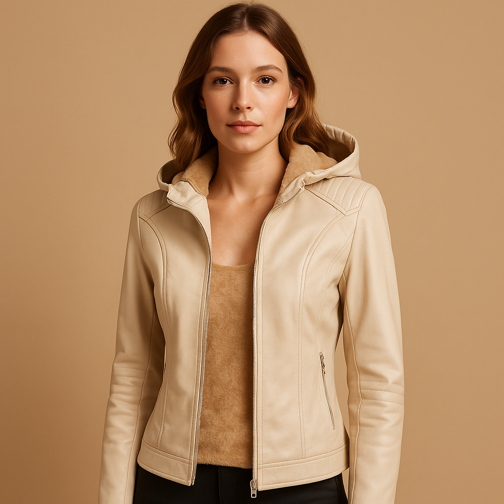 Women’s Hooded Leather-Look Jacket with Detachable Hood and Zip Front – Regular Fit Short Layer for Spring and Autumn Outfits
