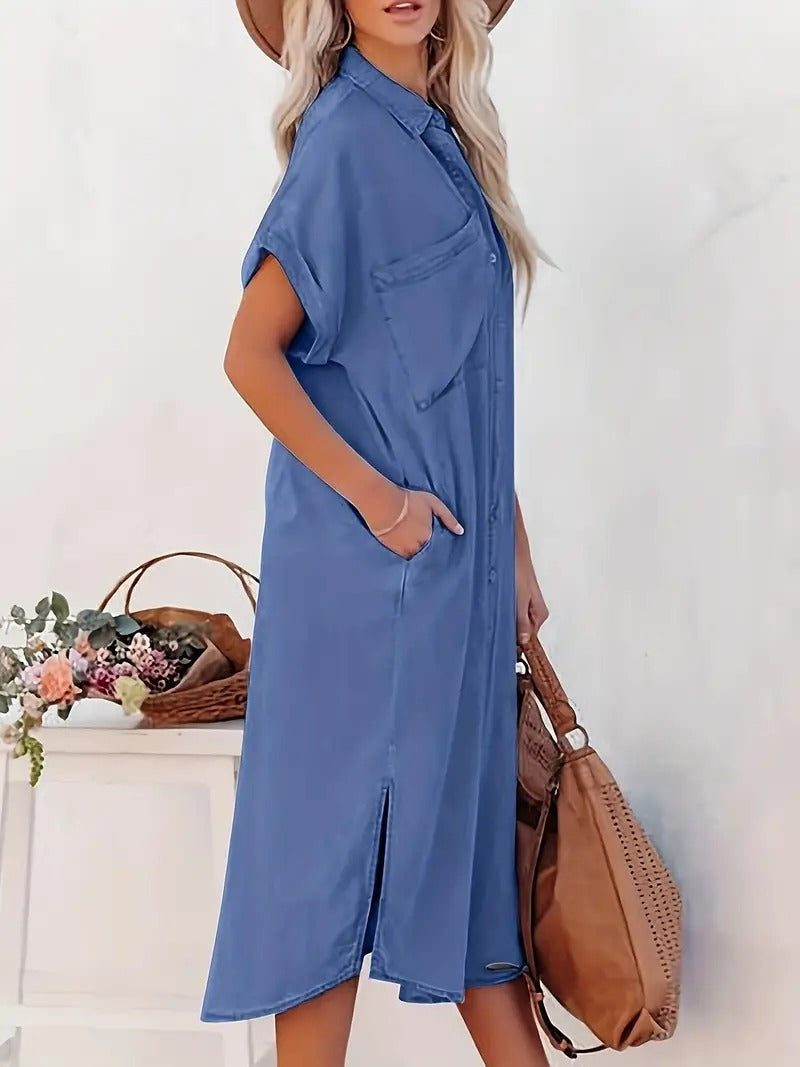 Vestido Camisa para Mujer con Botones al Frente, Aberturas Laterales, Bolsillos, Cómodo, Casual, Elegante, para Uso Diario