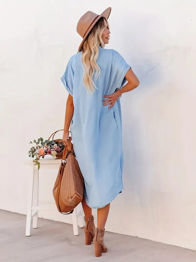 Vestido Camisa para Mujer con Botones al Frente, Aberturas Laterales, Bolsillos, Cómodo, Casual, Elegante, para Uso Diario