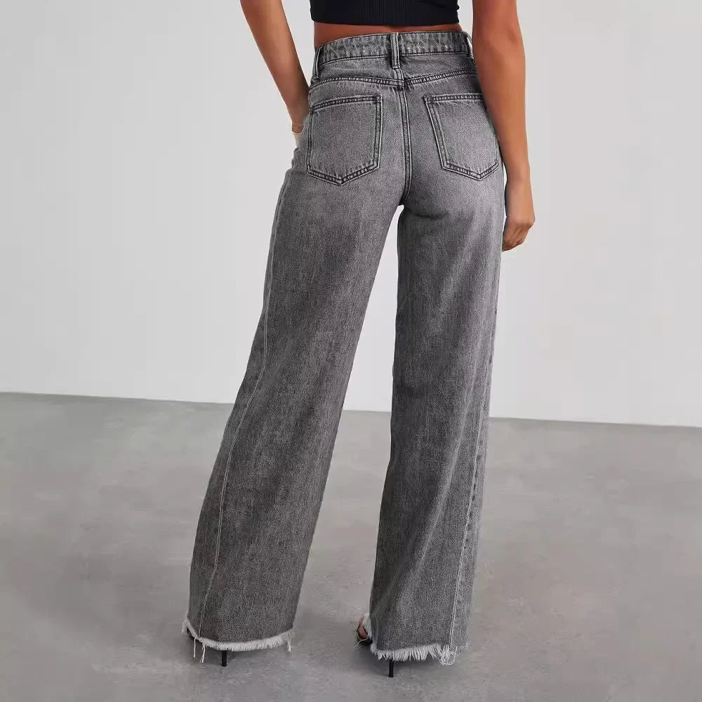 Women’s High-Waisted Wide-Leg Jeans – Faded Full-Length Denim with Raw Hem for Casual Streetwear Weekend Travel and Everyday Modern Styling