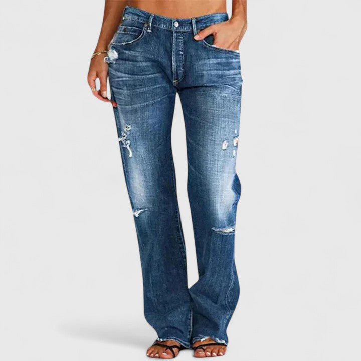 Jeans da donna rilassati a gamba dritta effetto vissuto - denim a tutta lunghezza d'ispirazione vintage per streetwear casual, viaggi del weekend e stile quotidiano di transizione