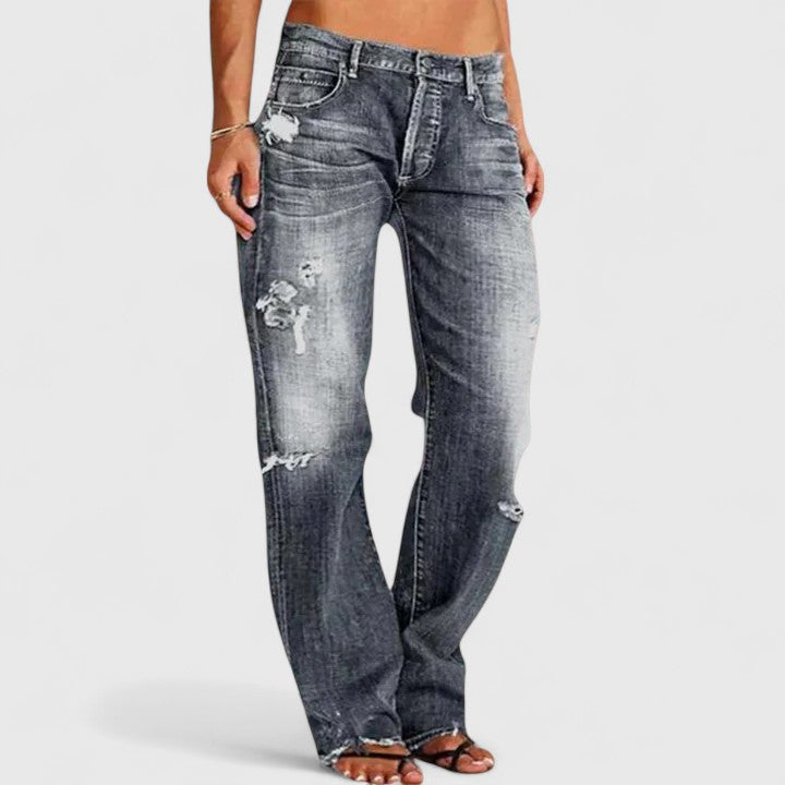 Dámské pohodlné džíny s rovnými nohavicemi a obnošeným vzhledem - celoplošný denim inspirovaný vintage stylem pro ležérní streetwear, víkendové cestování a každodenní přechodový styl