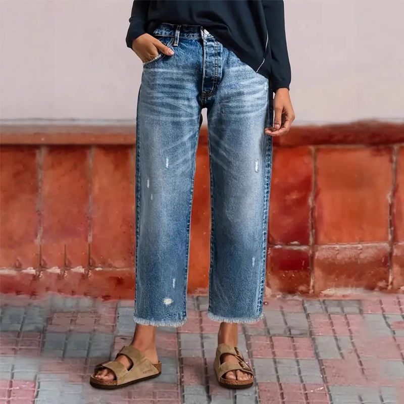 Vaqueros de pierna recta cropped para mujer - pantalones retro de tiro alto y lavado claro, con bajo deshilachado para primavera, verano, viajes de fin de semana y uso diario informal
