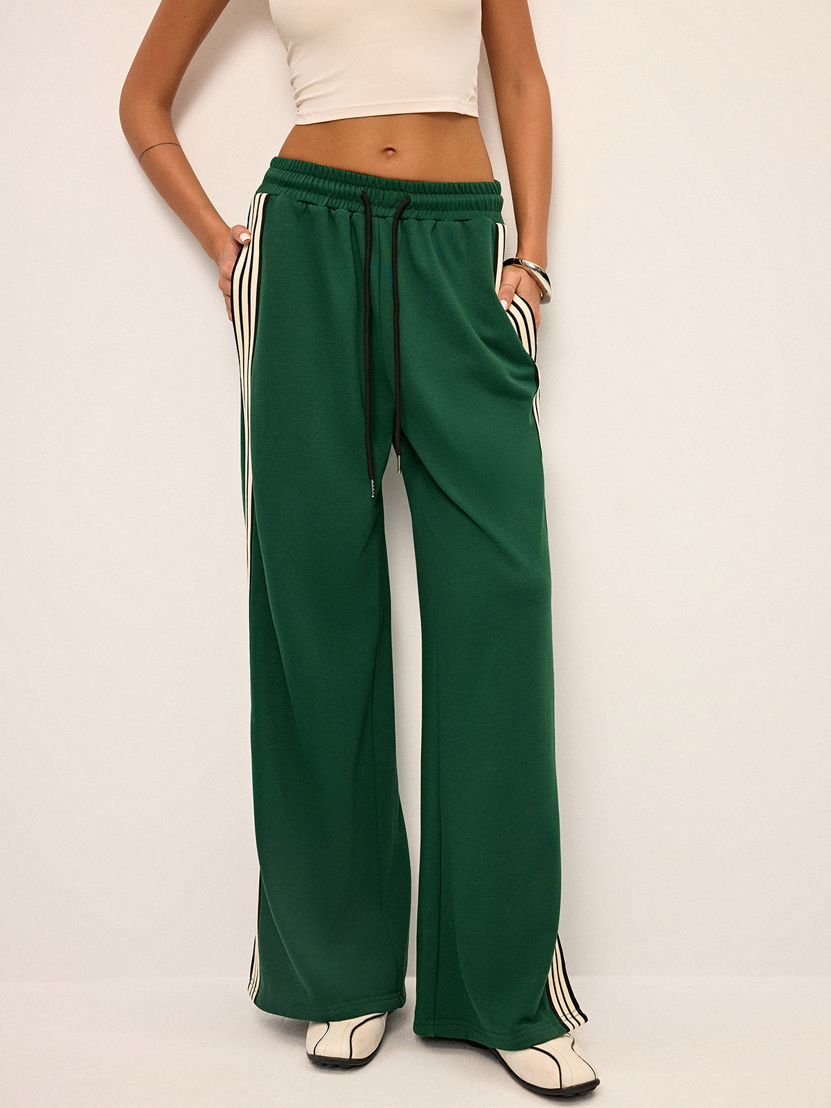 Pantalones casuales de pierna ancha para mujer con cordón y estilo lounge