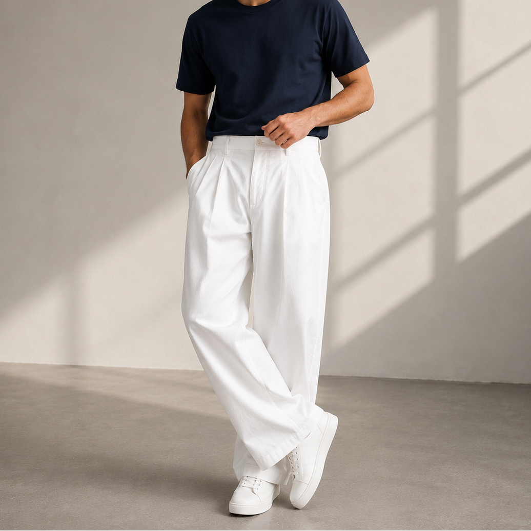 Men’s Pleated Wide-Leg Trousers – Relaxed Modern Pants for Everyday and Travel Wear