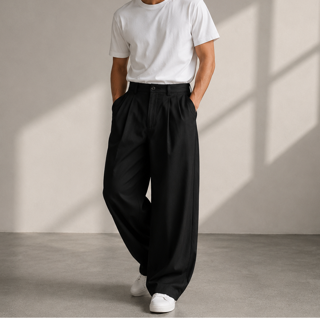 Men’s Pleated Wide-Leg Trousers – Relaxed Modern Pants for Everyday and Travel Wear
