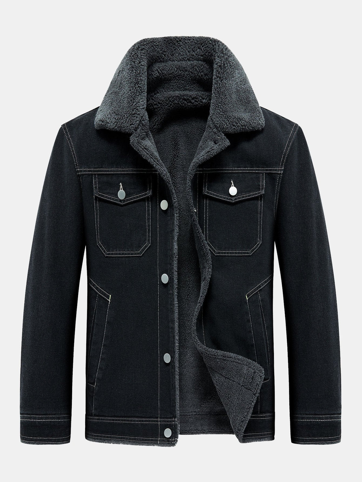 Veste en jean pour homme doublée de borg – Veste d’hiver vintage délavée à boutons, avec col en sherpa et poches utilitaires