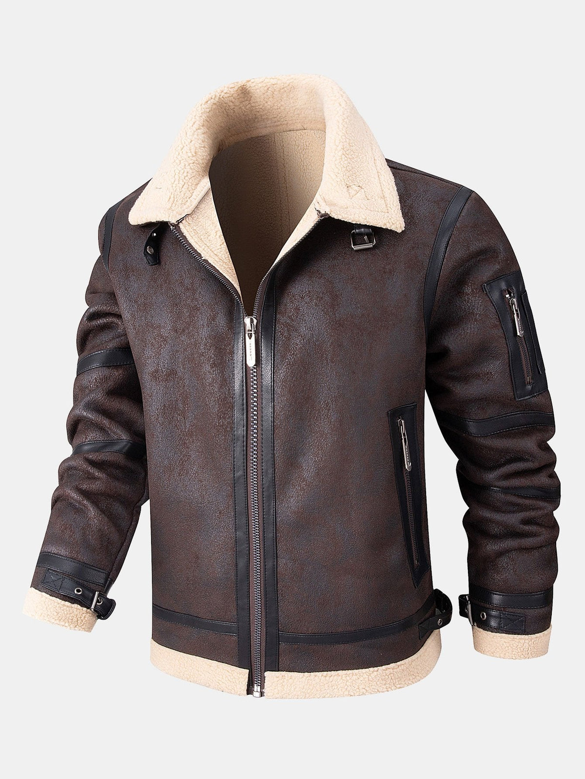 Chaqueta de aviador de ante sintético para hombre con forro de pelo sintético - Prenda de abrigo de inspiración vintage con cremallera para el invierno
