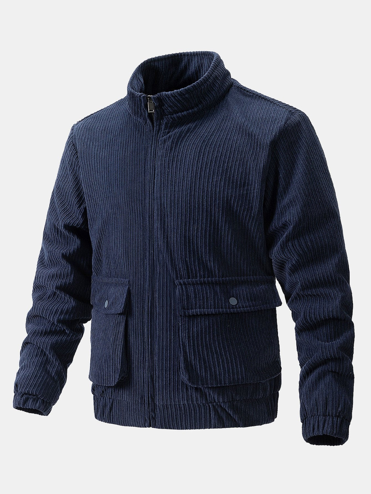 Chaqueta de hombre de pana con cuello embudo - Prenda exterior informal con textura, cierre de cremallera y bolsillos utilitarios, para otoño e invierno