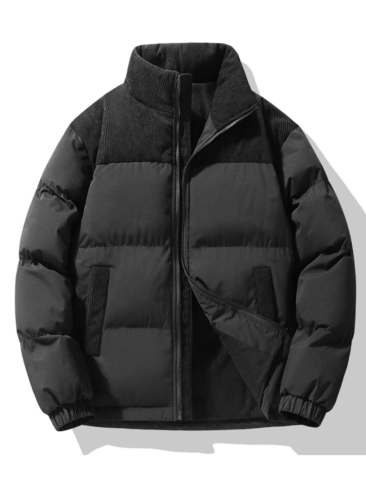 Chaqueta acolchada de invierno con paneles de pana y cuello alto para hombre – Prenda de abrigo informal de corte regular