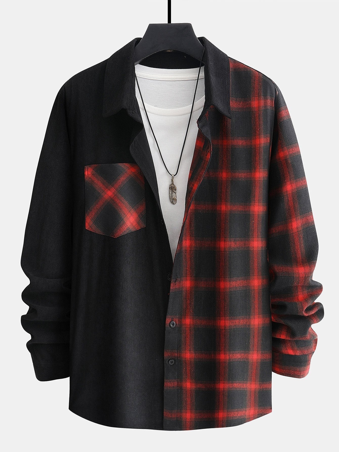 Completo da uomo in velluto a coste a due pezzi – camicia stampata e jogger con coulisse per l’autunno