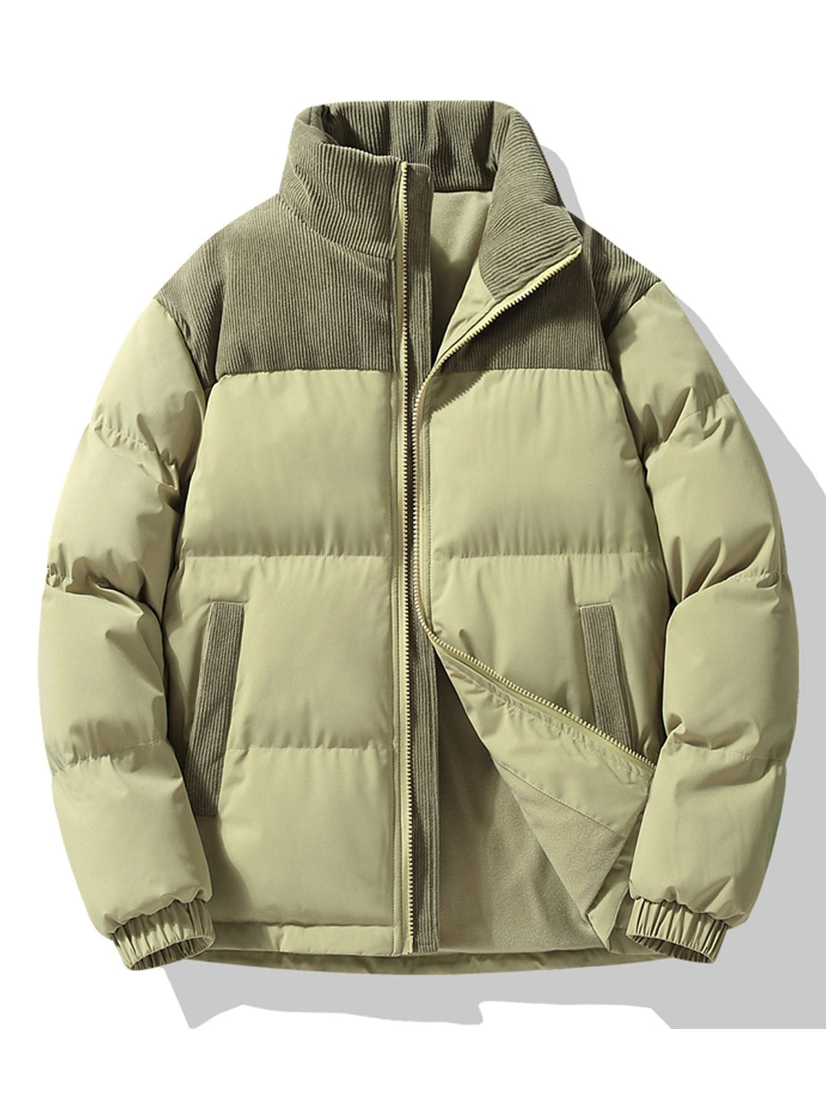 Chaqueta acolchada de invierno con paneles de pana y cuello alto para hombre – Prenda de abrigo informal de corte regular