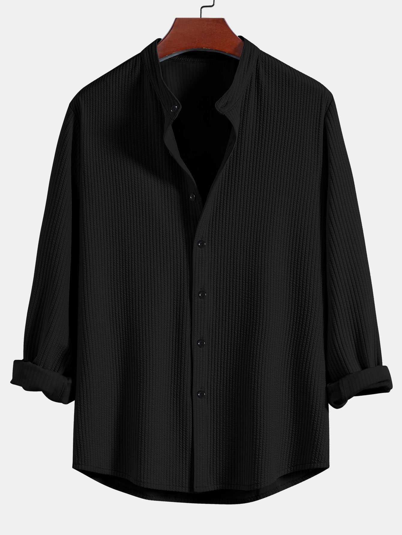 Men’s Ribbed Stand Collar Shirt and Straight-Leg Trousers – Stretch Smart Casual Co-Ord
