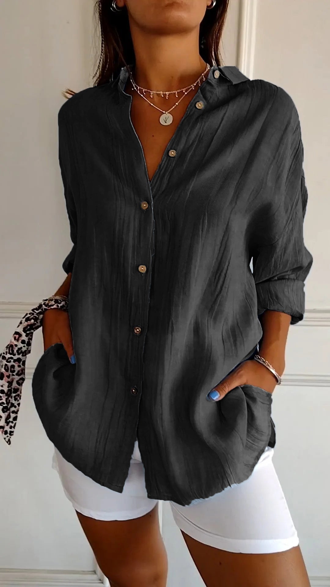 Camicia casual da donna oversize con bottoni frontali in stile lino