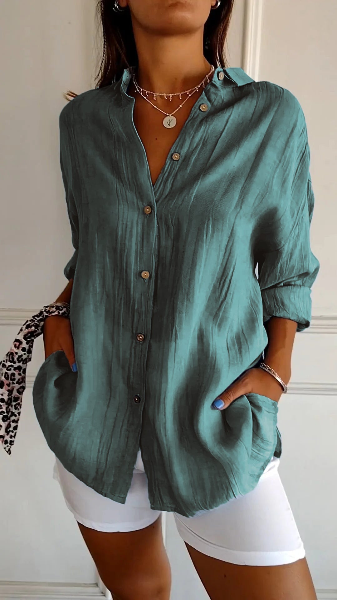 Camicia casual da donna oversize con bottoni frontali in stile lino