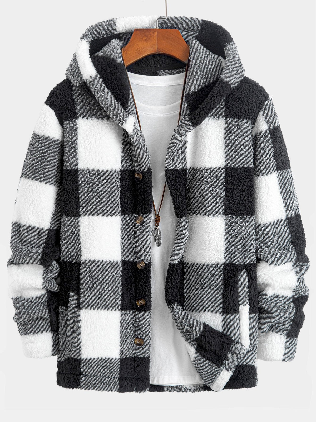 Men's Printed Teddy Fleece Hooded Jacket with Button Front – Relaxed Fit Casual Winter Outerwear