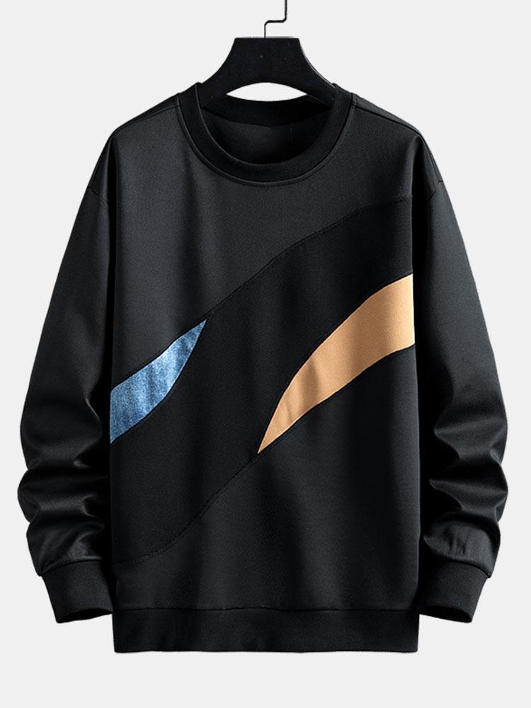 Afslappet sweatshirt til mænd med abstrakte farveblokke, rund hals og buede kontrastpaneler – langærmet fritidstrøje i streetwear-stil til hverdagsbrug