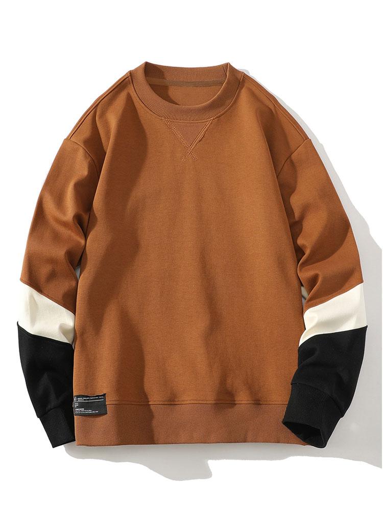 Bluză sport pentru bărbați, cu guler rotund, design în blocuri de culori și mâneci contrastante - croială lejeră, mâneci lungi, stil casual de stradă, pentru purtare zilnică