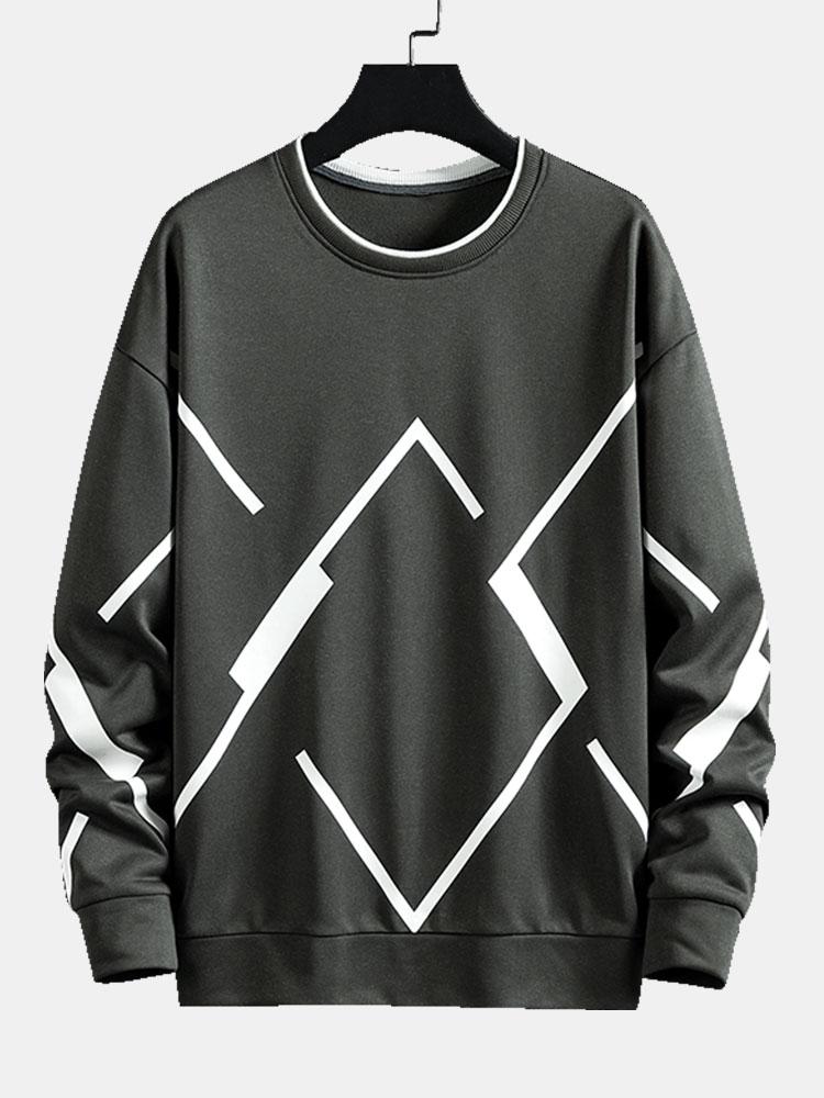 Sweatshirt met geometrische print en ronde hals voor heren - Relaxte pasvorm, lange mouwen, casual pullover met opvallend contrastontwerp voor elke dag