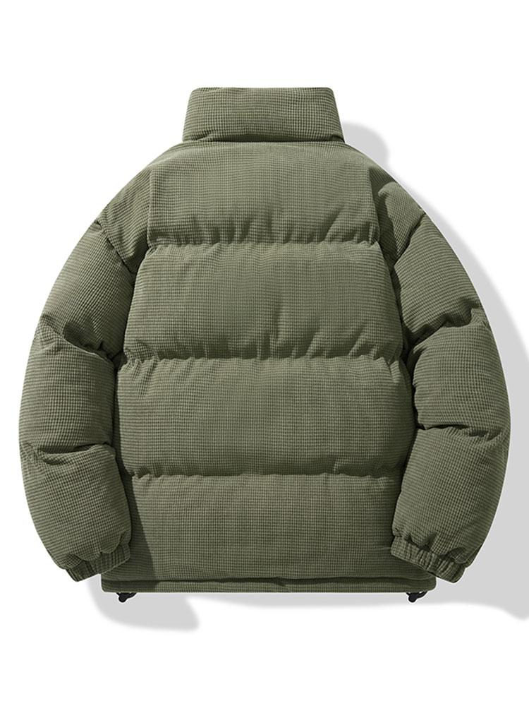 Herenjas van corduroy met pufferdesign – Warme gewatteerde winterjas met hoge opstaande kraag en geborduurd detail op de borst