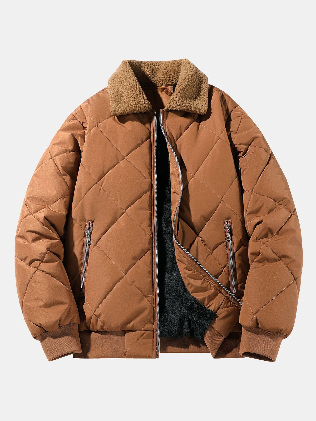 Herren-Winterjacke mit Rautensteppung und Teddyfleecekragen – warme gefütterte Bomberjacke mit Reißverschluss für den Alltag