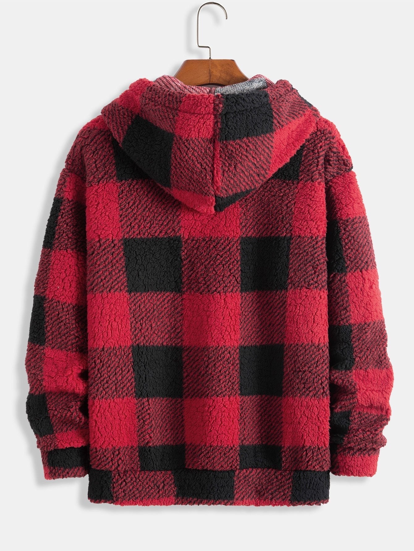 Men’s Checked Teddy Fleece Tracksuit – Hooded Two-Piece Set with Straight-Leg Trousers