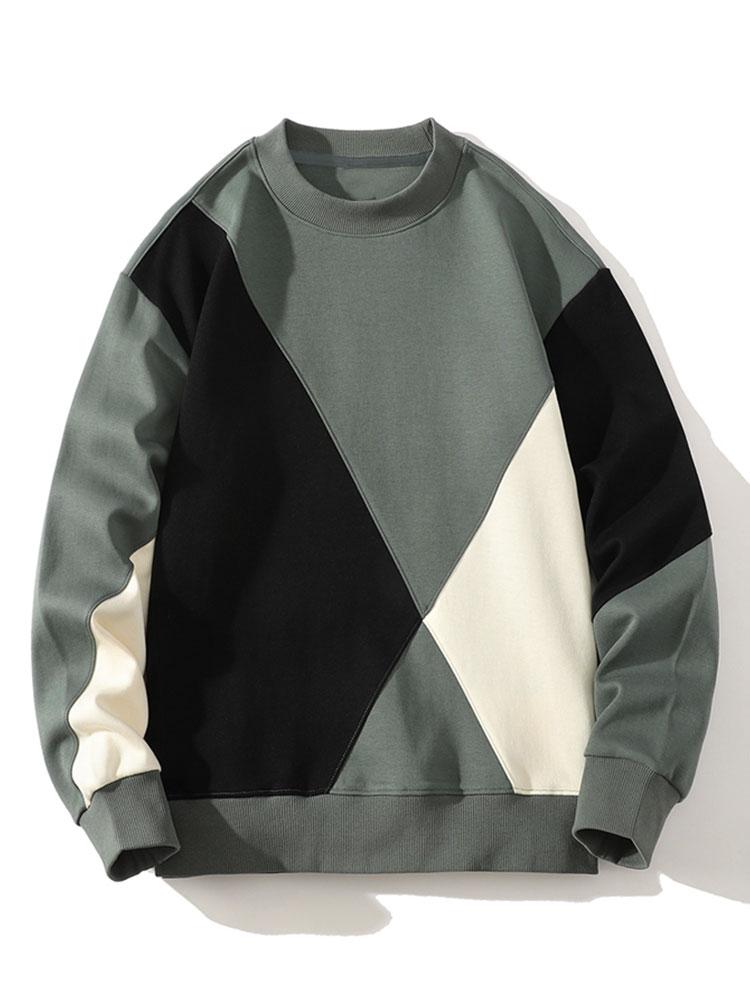 Afslappet sweatshirt til mænd med geometrisk patchwork og rund hals – afslappet pasform og ribkanter til efterår og vinter