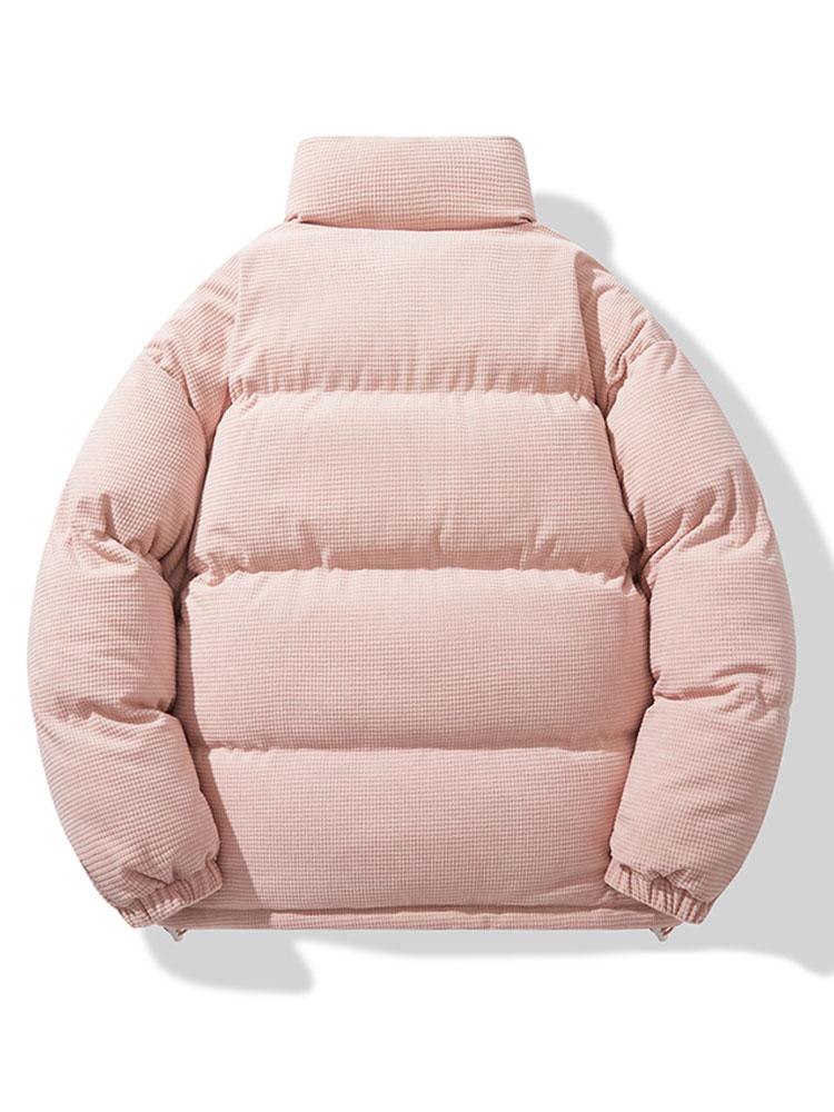 Herenjas van corduroy met pufferdesign – Warme gewatteerde winterjas met hoge opstaande kraag en geborduurd detail op de borst