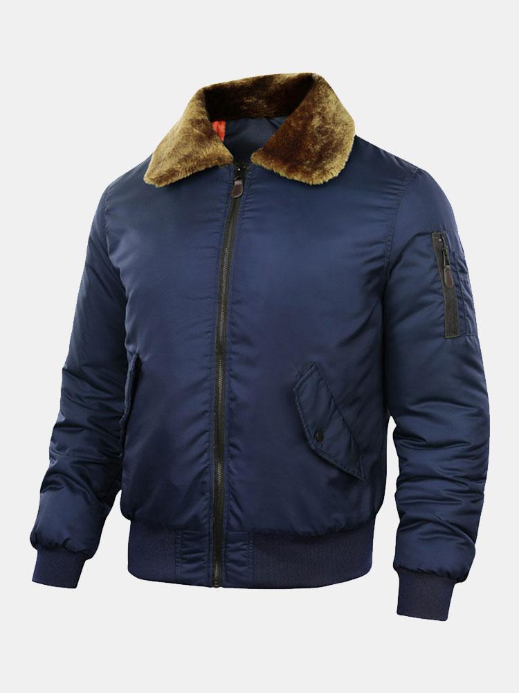 Men's Quilted-Lined Bomber Jacket with Faux Fur Collar – Warm Zip-Up Winter Outerwear with Utility Pockets and Ribbed Trims