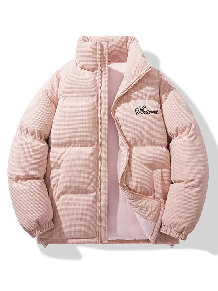 Herenjas van corduroy met pufferdesign – Warme gewatteerde winterjas met hoge opstaande kraag en geborduurd detail op de borst