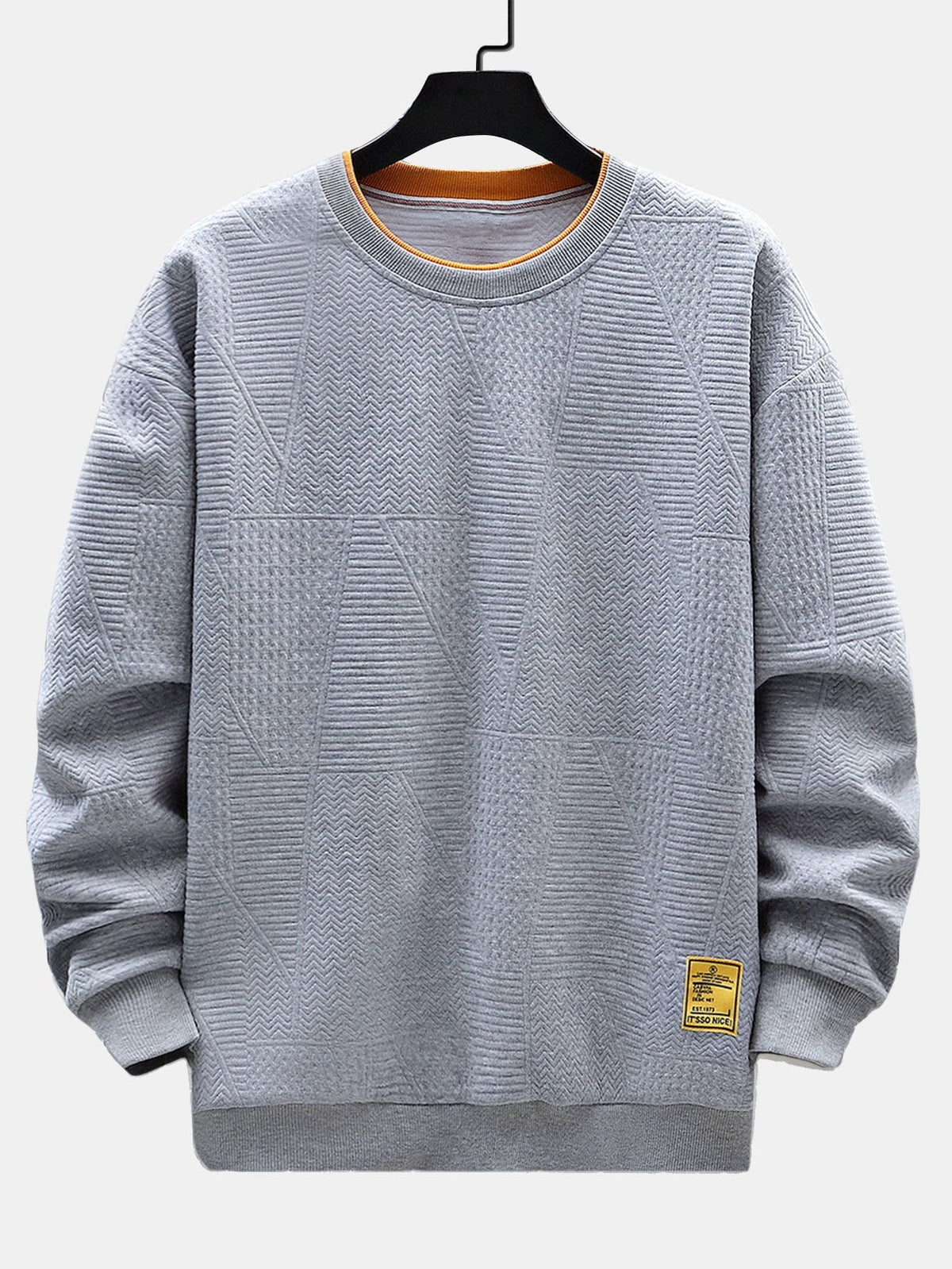 Men's Geometric Jacquard Sweatshirt – Relaxed Fit Textured Crew Neck Pullover for Autumn and Winter