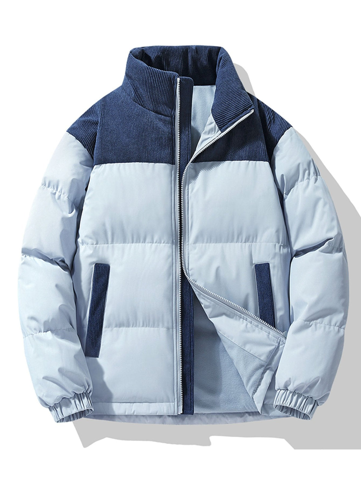 Chaqueta acolchada de invierno con paneles de pana y cuello alto para hombre – Prenda de abrigo informal de corte regular
