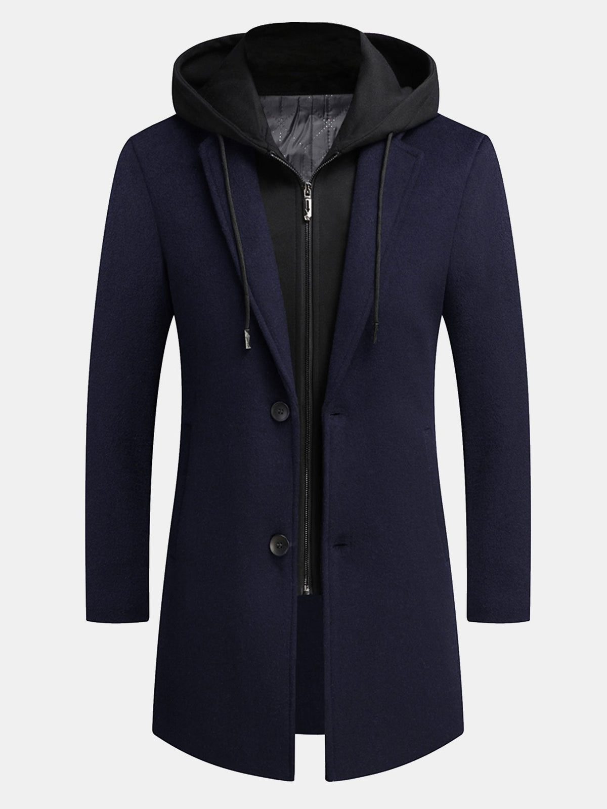 Abrigo largo con capucha de mezcla de lana para hombre - Abrigo de invierno entallado con capucha desmontable y capa con cremallera