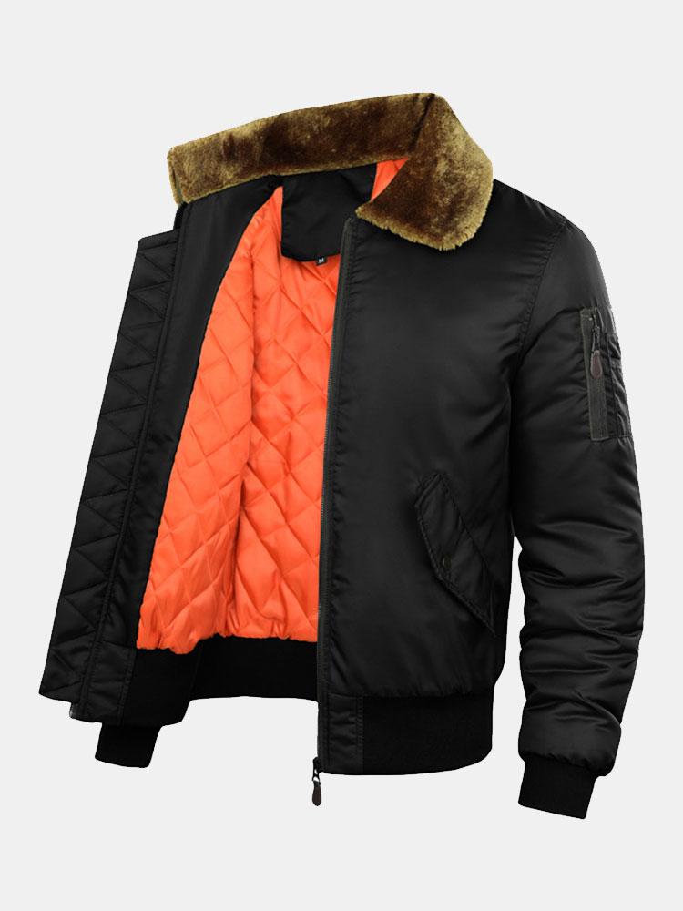 Men's Quilted-Lined Bomber Jacket with Faux Fur Collar – Warm Zip-Up Winter Outerwear with Utility Pockets and Ribbed Trims