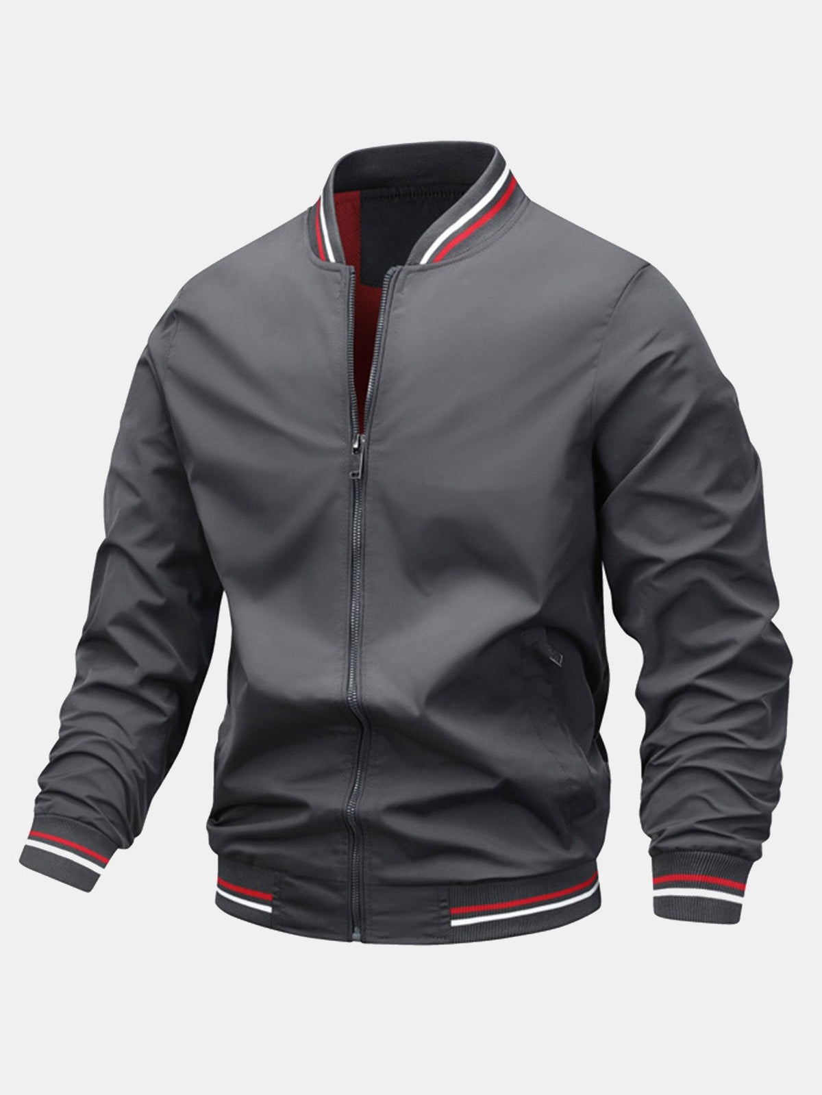 Men’s Lightweight Zip-Up Bomber Jacket with Striped Ribbed Trims – Regular Fit Casual Outerwear for Spring and Autumn