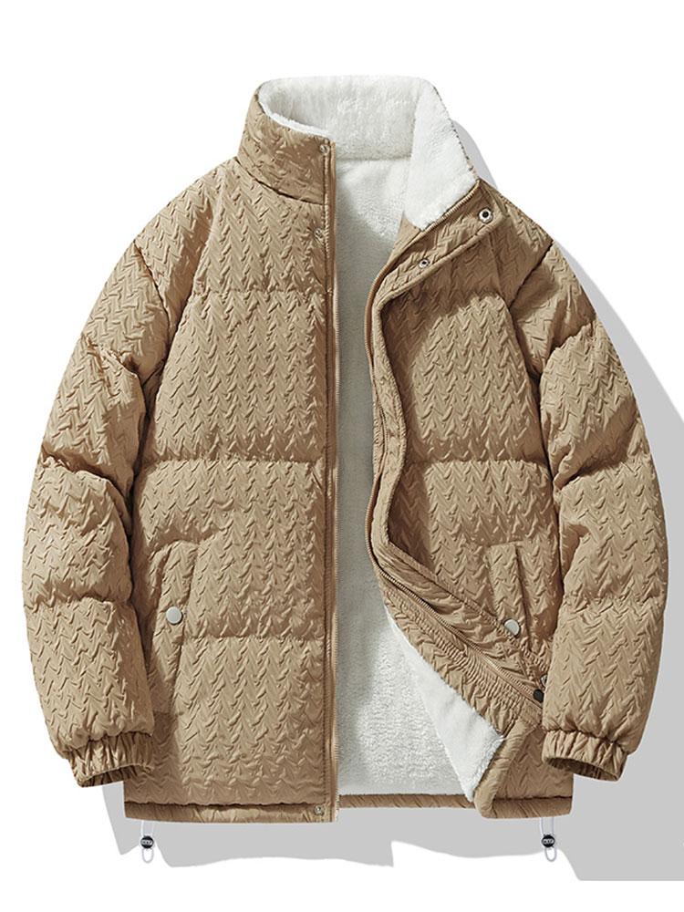Herren-Pufferjacke aus strukturiertem Jacquard mit Teddyfleece-Futter – Warme Winterjacke mit Stehkragen