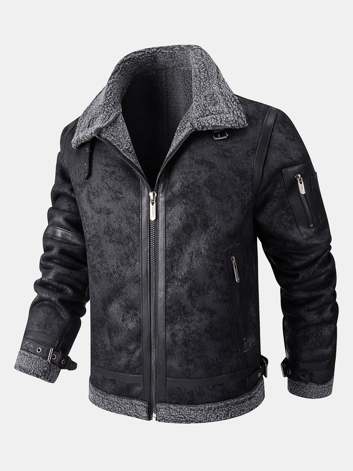 Chaqueta de aviador de ante sintético para hombre con forro de pelo sintético - Prenda de abrigo de inspiración vintage con cremallera para el invierno