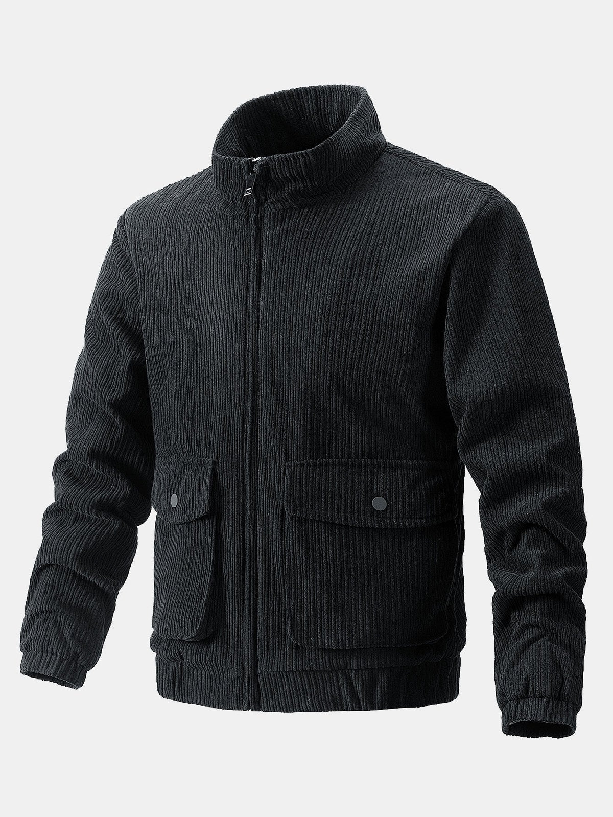 Chaqueta de hombre de pana con cuello embudo - Prenda exterior informal con textura, cierre de cremallera y bolsillos utilitarios, para otoño e invierno