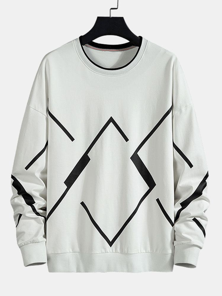 Sweatshirt met geometrische print en ronde hals voor heren - Relaxte pasvorm, lange mouwen, casual pullover met opvallend contrastontwerp voor elke dag