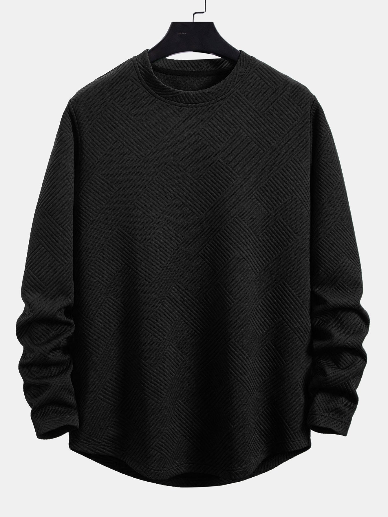 T-shirt homme à manches longues en jacquard extensible – Col rond texturé, couche décontractée