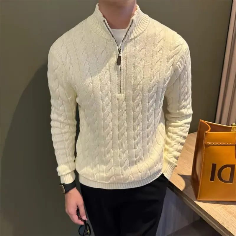 Men’s Cable-Knit Zip Cardigan – Stand-Collar Long-Sleeve Sweater with Textured Knit for Smart Casual Layering