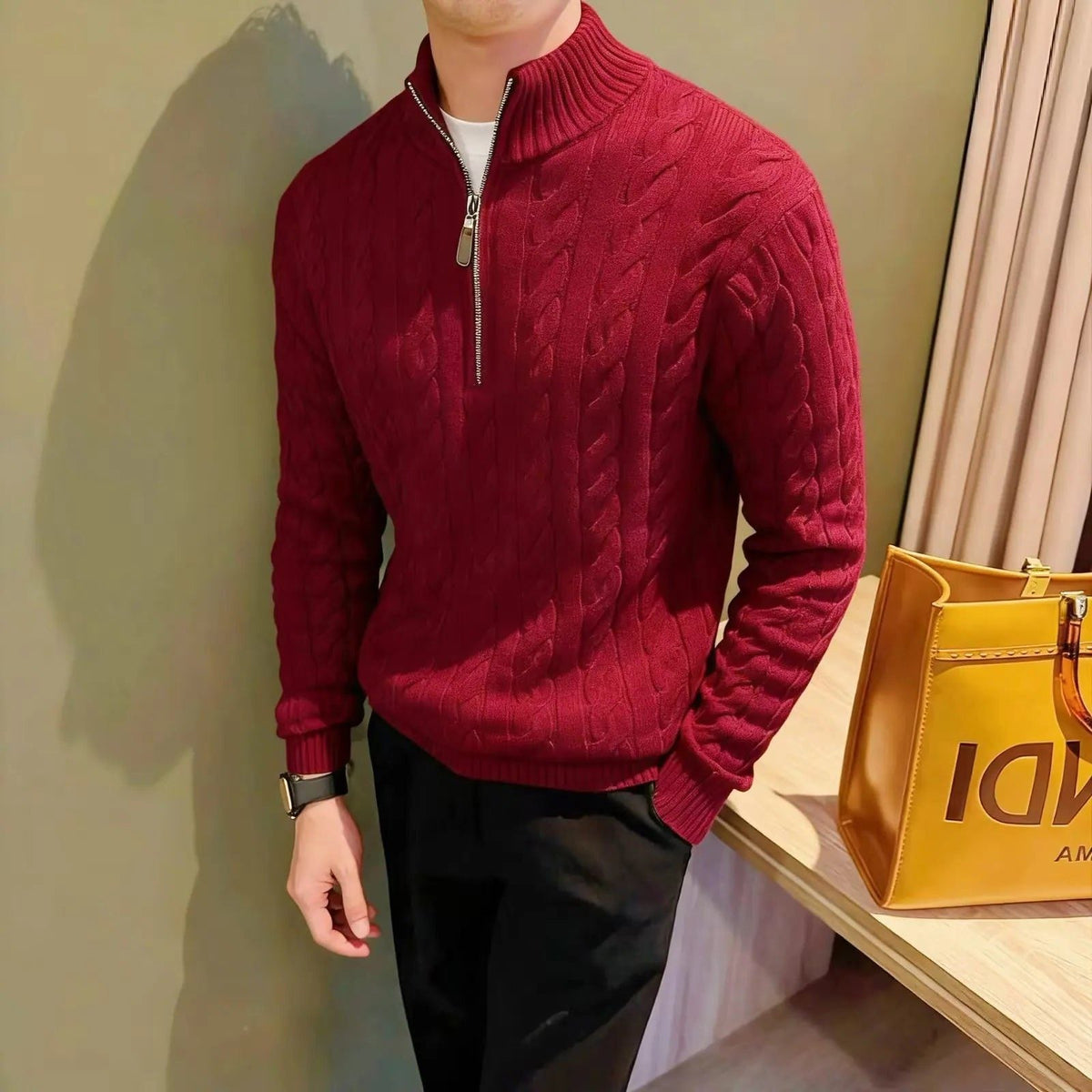 Men’s Cable-Knit Zip Cardigan – Stand-Collar Long-Sleeve Sweater with Textured Knit for Smart Casual Layering