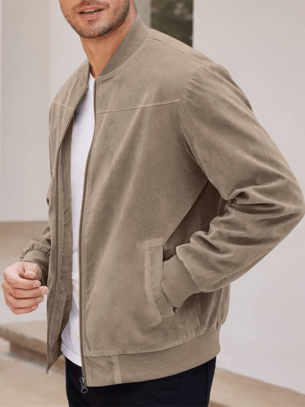 Pánská semišová bomber bunda – minimalistický model na zip s žebrovanými lemy